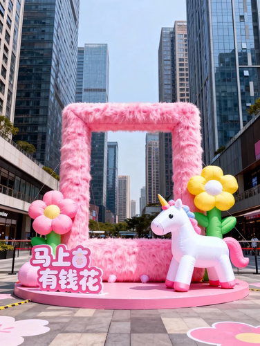 充气马年财神节日网红美陈打卡通毛绒定制爱心字广告气模花朵造型
