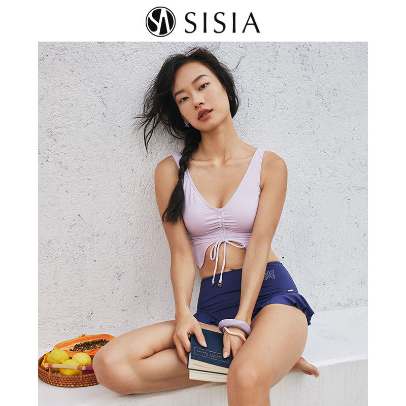 SISIA2024新款泳衣女撞色V领性感美背高腰显瘦分体温泉度假比基尼
