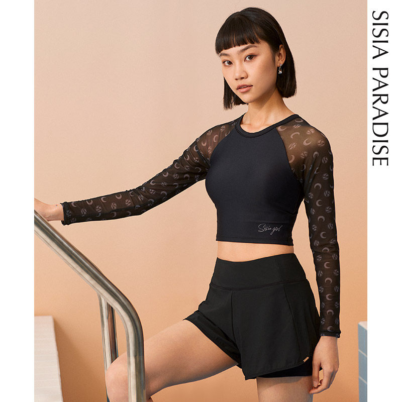 SISIA2024新款泳衣女夏季运动冲浪印花网纱长袖防晒露腹裙裤分体