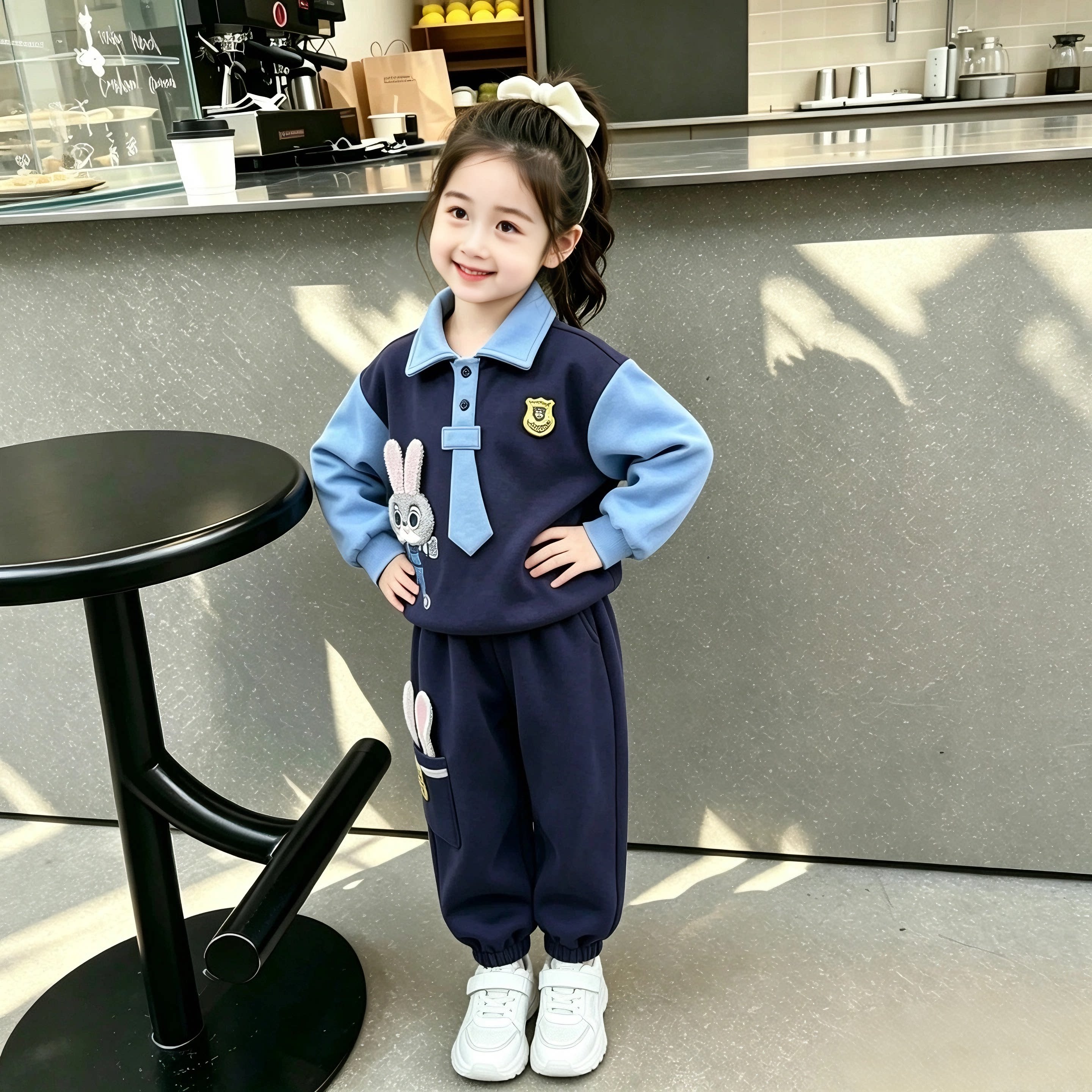 女宝宝秋冬季加绒朱迪警官套装2025新款中小童卡通兔子卫衣两件套