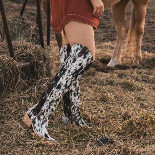 亚马逊TEMU独立站外贸新款欧美豹纹仿马毛骑士靴西部牛仔靴