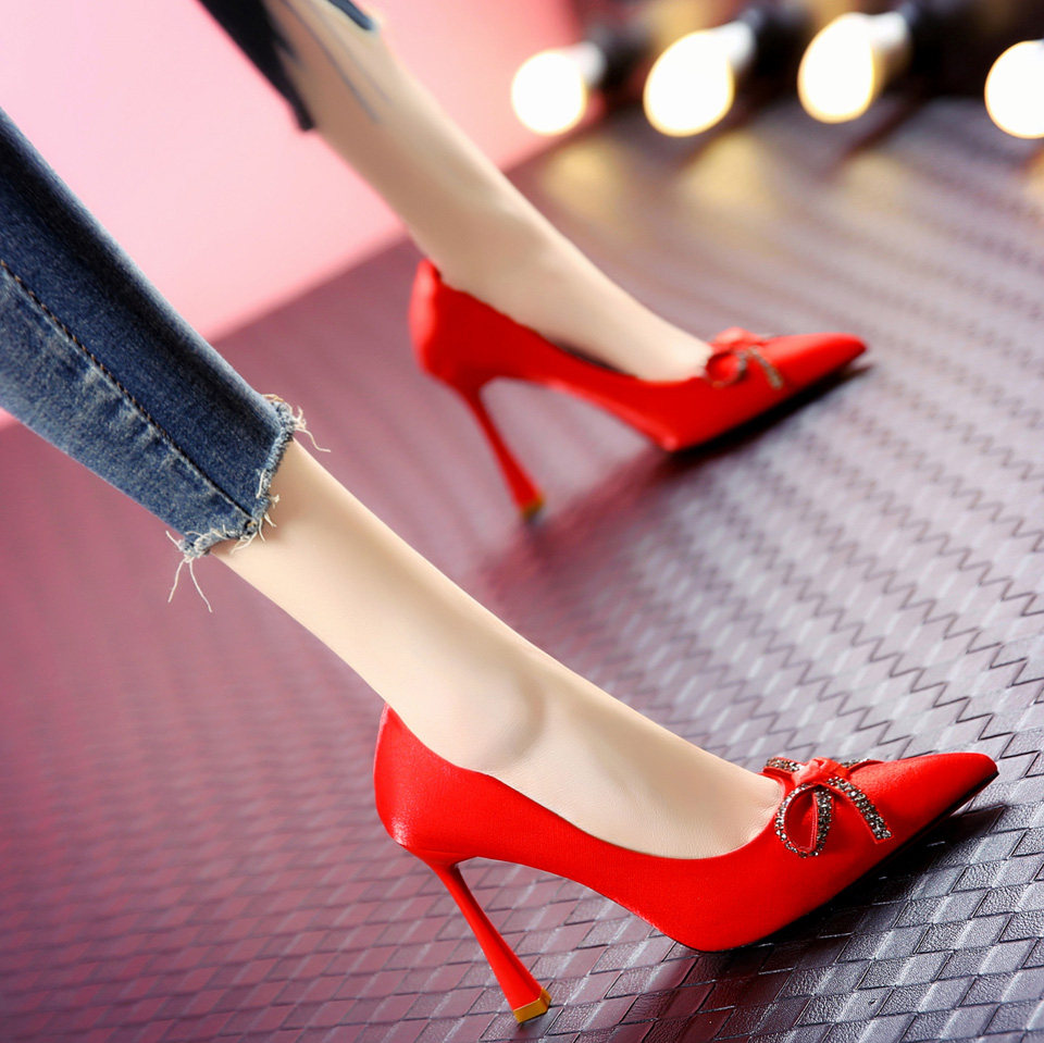 甜美蝴蝶结水钻尖头超高跟鞋女春秋季防水台红色礼服细跟单鞋婚鞋