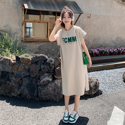 声雨竹杏色休闲连衣裙女夏2025新款韩版宽松慵懒气质显瘦高级感T