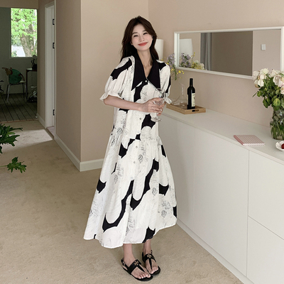 声雨竹黑白撞色水墨画连衣裙女夏2025新款轻熟风气质显瘦别致超好