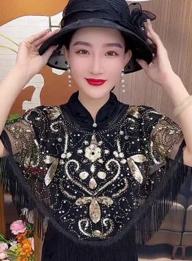 流苏披肩女夏季圆领网纱