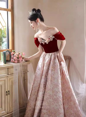 一字肩敬酒服新娘2024新款红色法式结婚订婚晚礼服裙女时尚款夏季