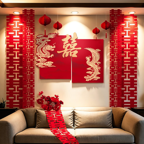 婚房布置套装结婚新房客厅沙发氛围背景墙龙凤kt板喜字拉花装饰品