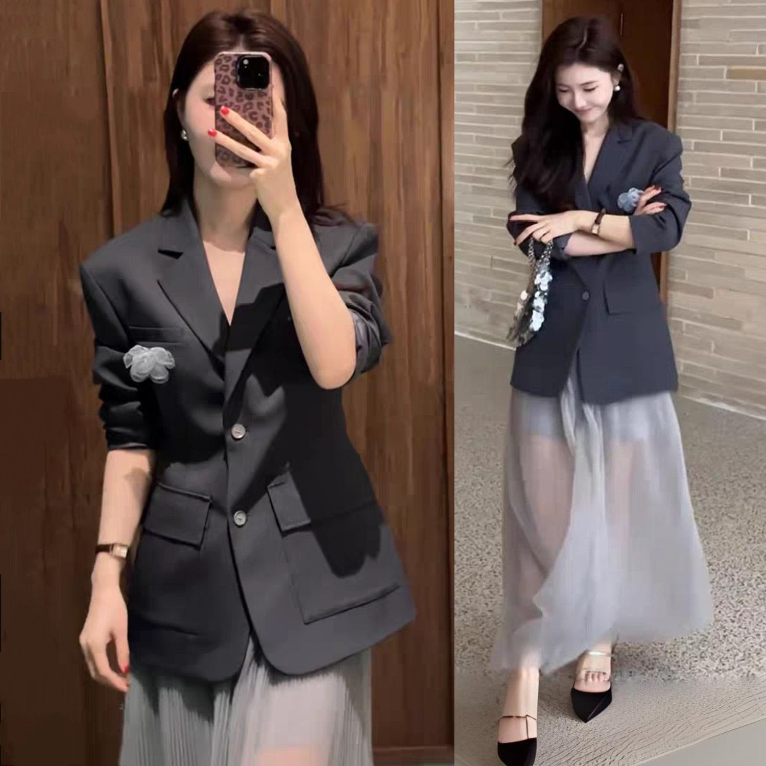 大码胖mm轻奢御姐高级感灰色西装外套网纱半身裙子两件套装200斤