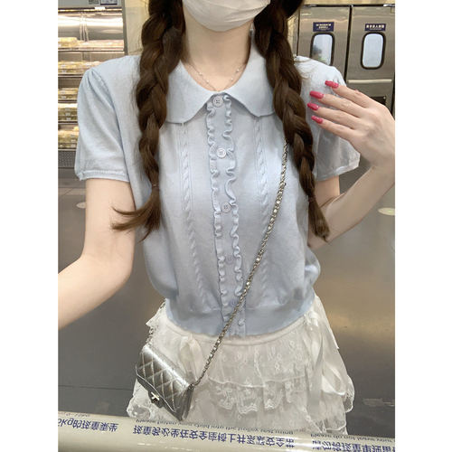 韩系甜美木耳边短袖针织T恤女夏季休闲百搭学院风娃娃领上衣小衫