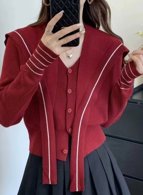 海军领长袖针织衫女秋冬季小香风高级感新年红色披肩短款开衫上衣