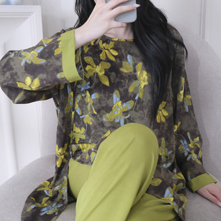 新中式国风棉绸睡衣女春秋薄款盘扣上衣长裤可外穿家居服套装夏天