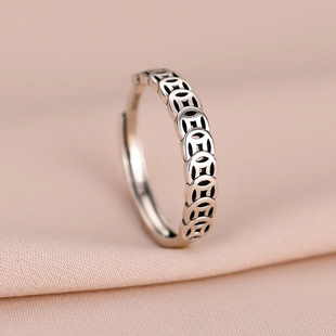 s925纯银招财钱多多戒指女小众设计高级感指环时尚个性食指戒简约