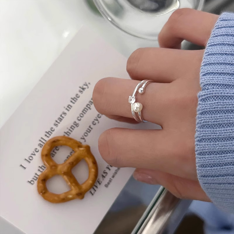 925纯银双层锆石珍珠戒指女轻奢小众设计感闪钻开口可调节食指戒
