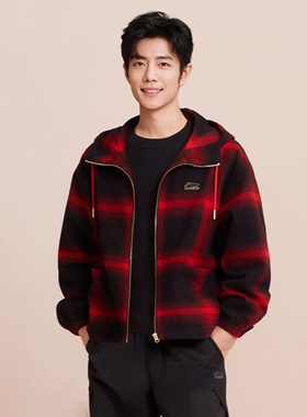 正品李宁日进斗金春装外套男子红色复古格子连帽夹克AFDW137
