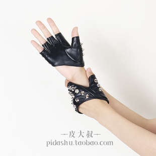 赛博朋克街舞金属尖铆钉半指皮质手套辣妹机能JK军lo个性露指手套