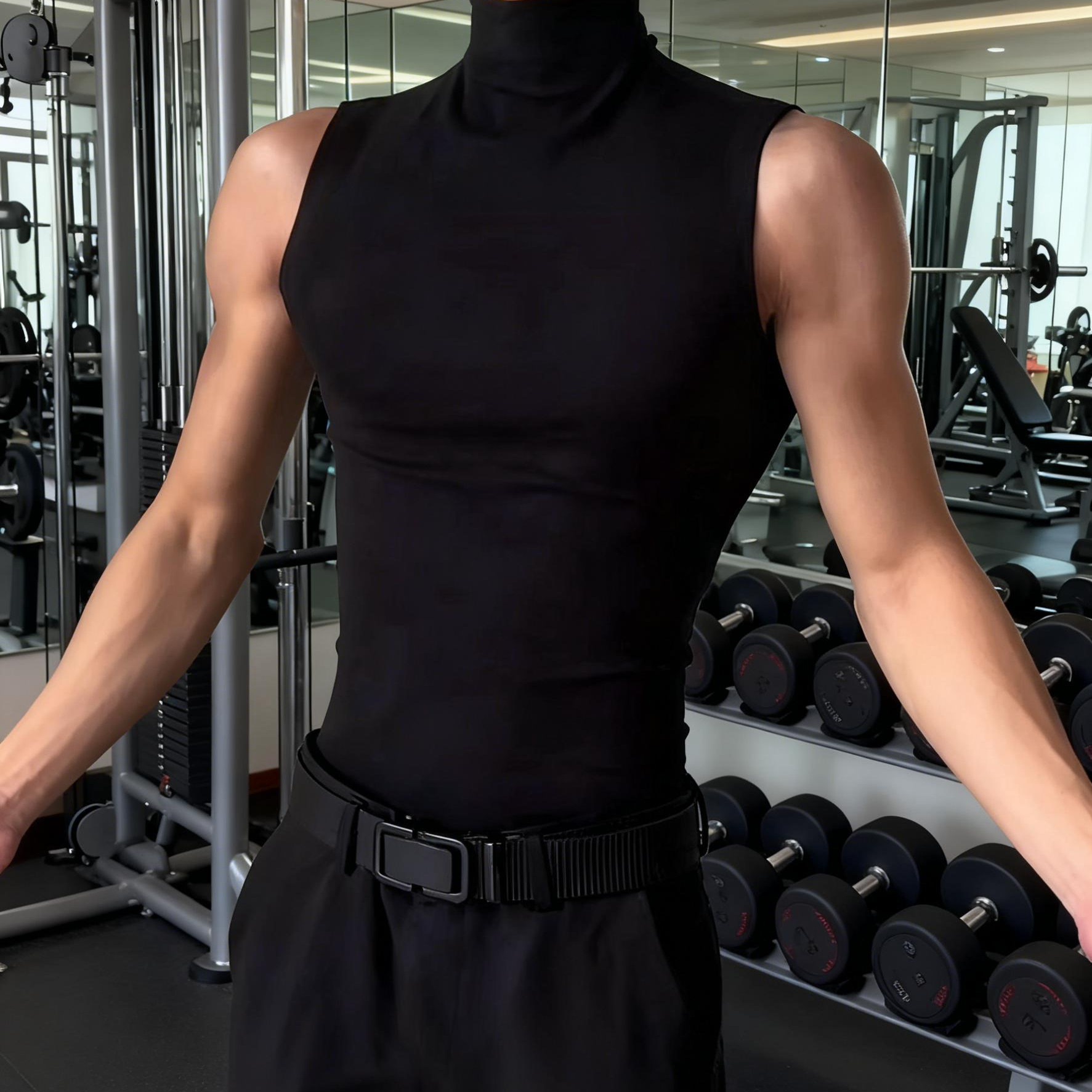 美式高领背心肌肉男紧身弹力上衣纯色无袖t恤健身百搭运动打底衫