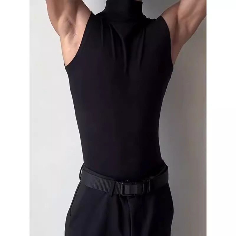 美式半高领高质量背心肌肉男紧身弹力无袖t恤健身速干运动小坎肩