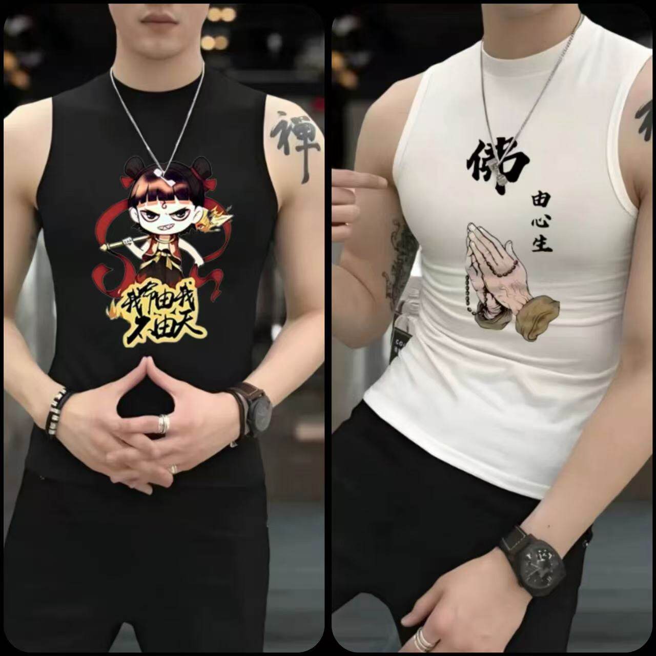 2025新款男士高领印花背心弹力修身速干运动汗衫健身跑步打底衣潮