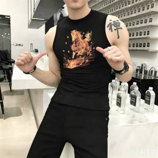 男士高领无袖纯棉背心夏季弹力速干个性印花休闲健身运动打底汗衫