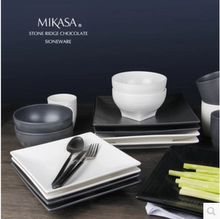 外贸原单陶瓷餐具美国名品Mikasa螺纹方形盘 碗 杯套装【有LOGO】