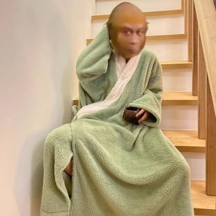 猴哥同款袍子女秋冬季加厚珊瑚绒搞怪马喽绿色睡衣情侣冬天