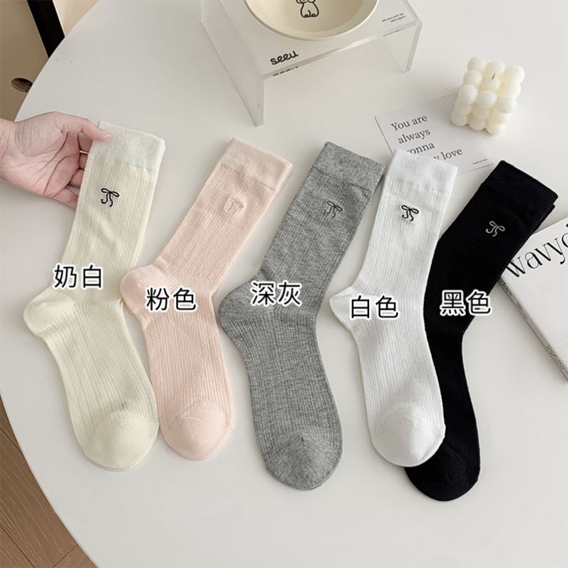 搭配短靴的袜子女春秋季纯棉中筒袜马丁靴蝴蝶结长筒靴袜夏季长袜