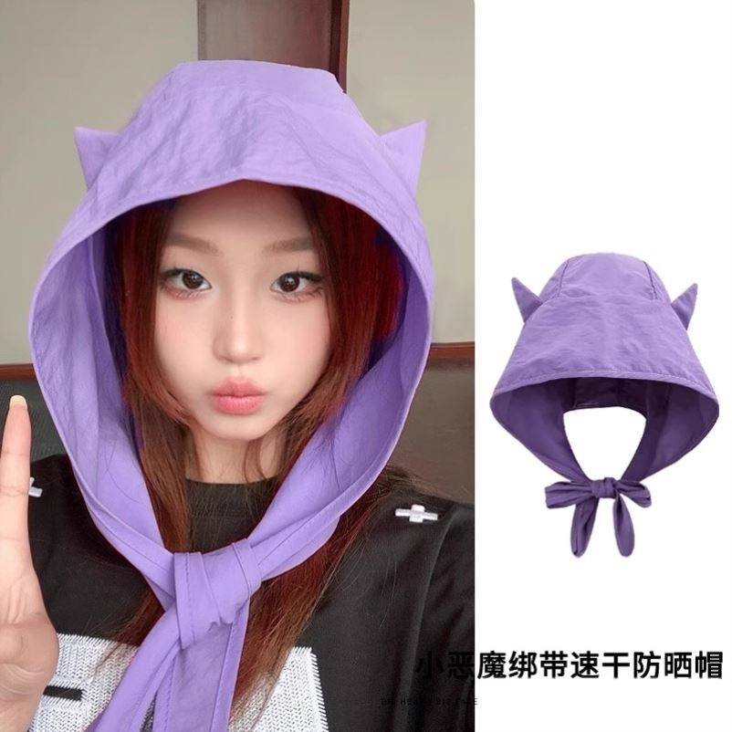 小恶魔绑带速干防晒帽子女款2025新款可爱小耳朵薄款遮阳帽头巾帽