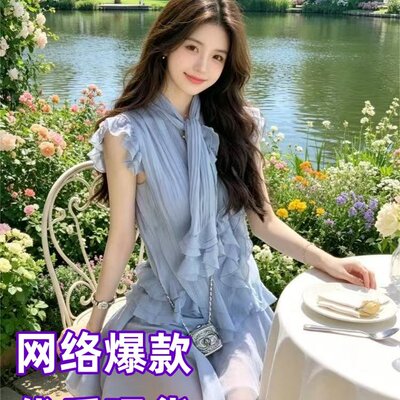 夏日出游2026新款法式蓝色精致雪纺连衣裙套装显瘦温柔拍照出片