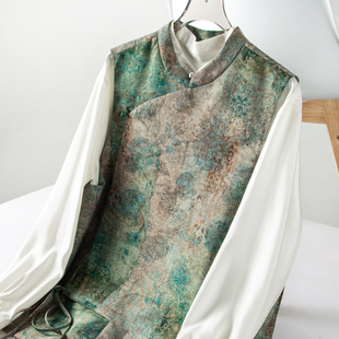 斜襟马甲无袖 素千里江山图小立领金丝暗纹提花无袖 背心上衣 元 中式