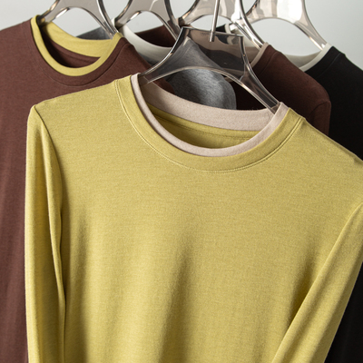 假两件薄丝光羊毛拼色长袖打底衫