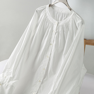 清新文艺简约小禾26春季100%全棉府绸棉插肩袖圆领纯色衬衫上衣女