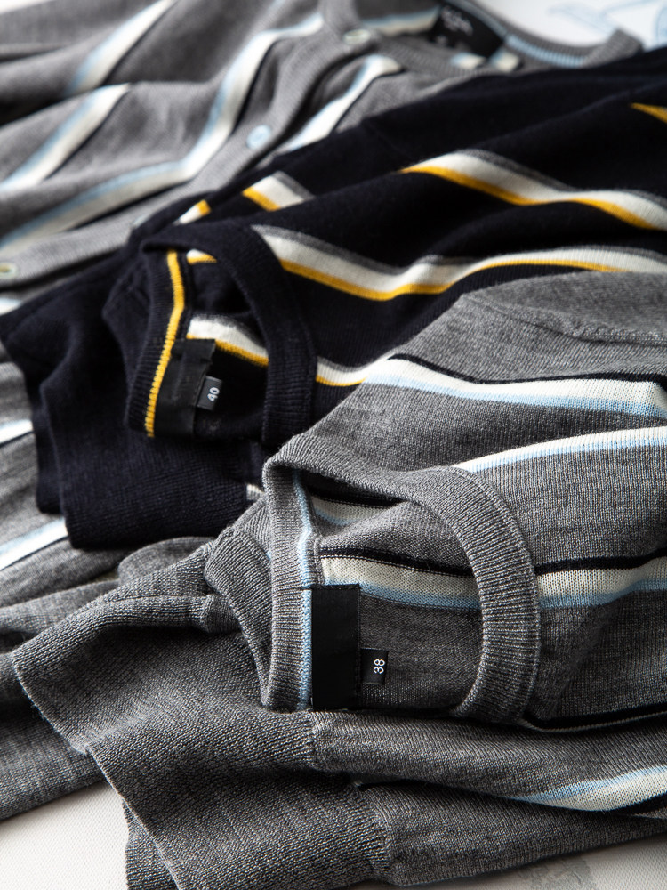 外单好货 初剪羊毛 撞色竖条纹长袖开衫 圆领套头五分袖 针织衫女