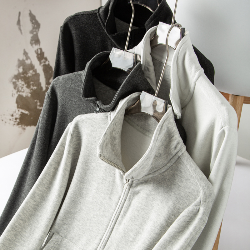 休闲运动简约纯色双面磨毛拉绒莫代尔真丝羊毛立领开衫卫衣外套女