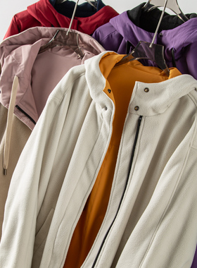 出口外单好货双面穿JIN口摇粒绒+三防面料连帽加厚保暖短款外套女