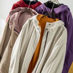 出口外单好货双面穿JIN口摇粒绒+三防面料连帽加厚保暖短款外套女