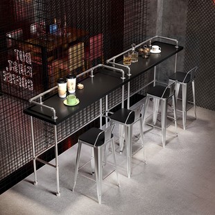 实木水管吧台桌酒吧靠墙长条桌现代简约家用高脚桌椅组合 美式