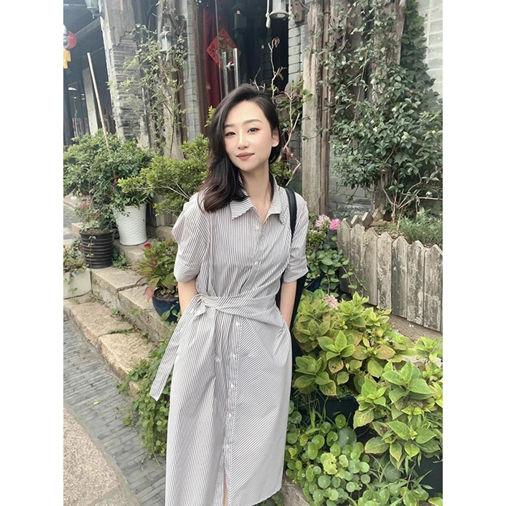 法国专柜条纹显瘦百搭短袖衬衫裙女2025夏季新款高级韩式收腰绑带