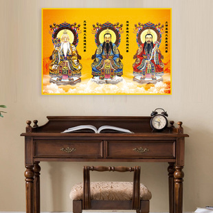 三清祖师道法自然三霄娘娘五路财神挂画带灯晶瓷堂口背景装饰横版