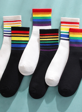 彩虹袜女中筒袜春夏季棉袜isn潮袜外穿长筒袜条纹运动袜黑色袜子