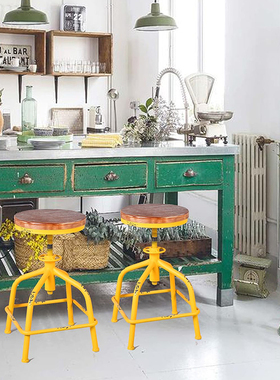 复古简约铁艺吧台椅民宿奶茶店可升降咖啡椅家用实木前台椅吧台凳