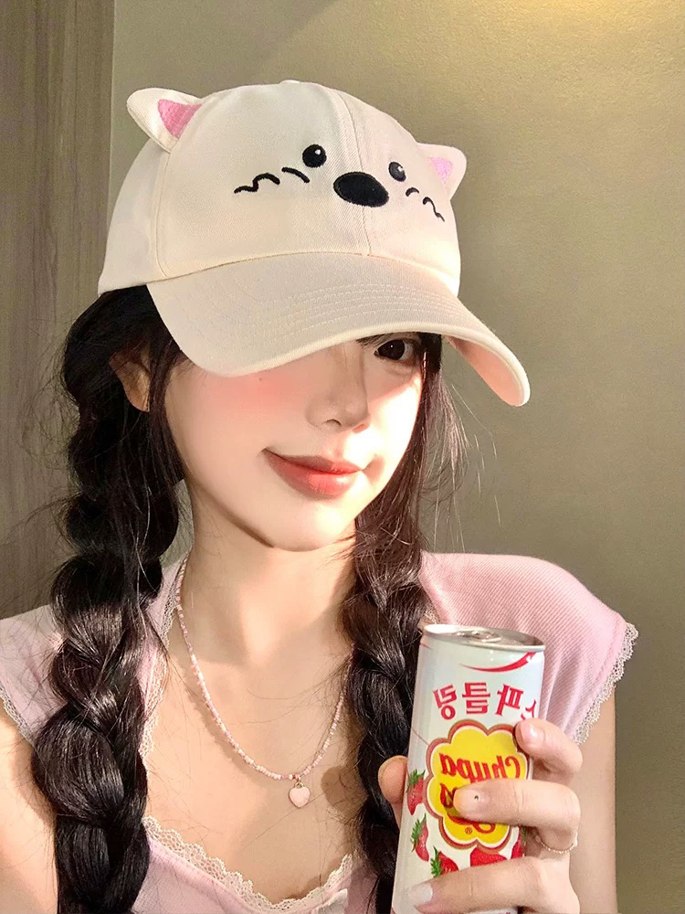 可爱小狗耳朵棒球帽女显脸小百搭遮阳防晒鸭舌帽宽帽檐大头围帽子