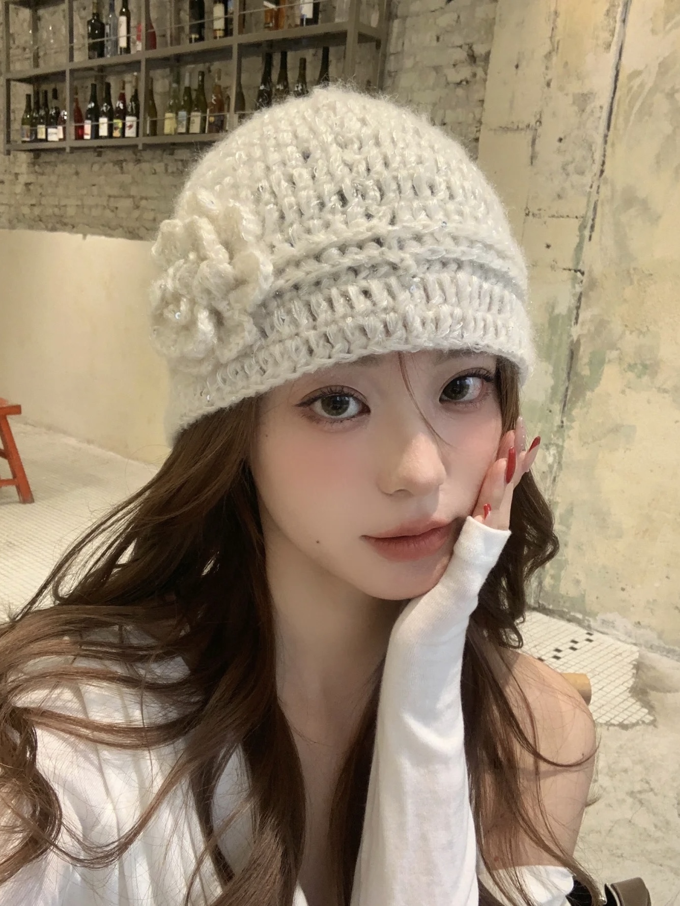 细闪花朵针织包头帽子女秋冬百搭保暖冷帽氛围感显脸小毛线套头帽