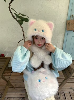 可爱猫咪耳朵会动毛绒帽子围巾包包套装女冬季保暖防寒护耳雷锋帽