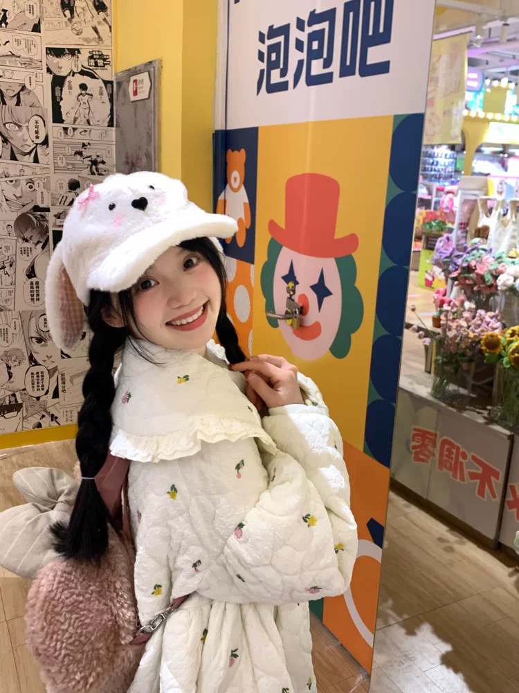 可爱腮红兔耳朵蝴蝶结毛绒棒球帽女冬季卡通显脸小鸭舌帽保暖帽子