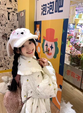 可爱腮红兔耳朵蝴蝶结毛绒棒球帽女冬季卡通显脸小鸭舌帽保暖帽子
