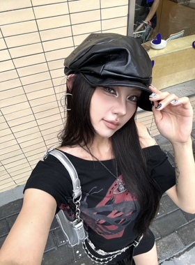 英伦复古pu皮贝雷帽女不规则褶皱重工云朵帽显脸小文艺八角帽子潮