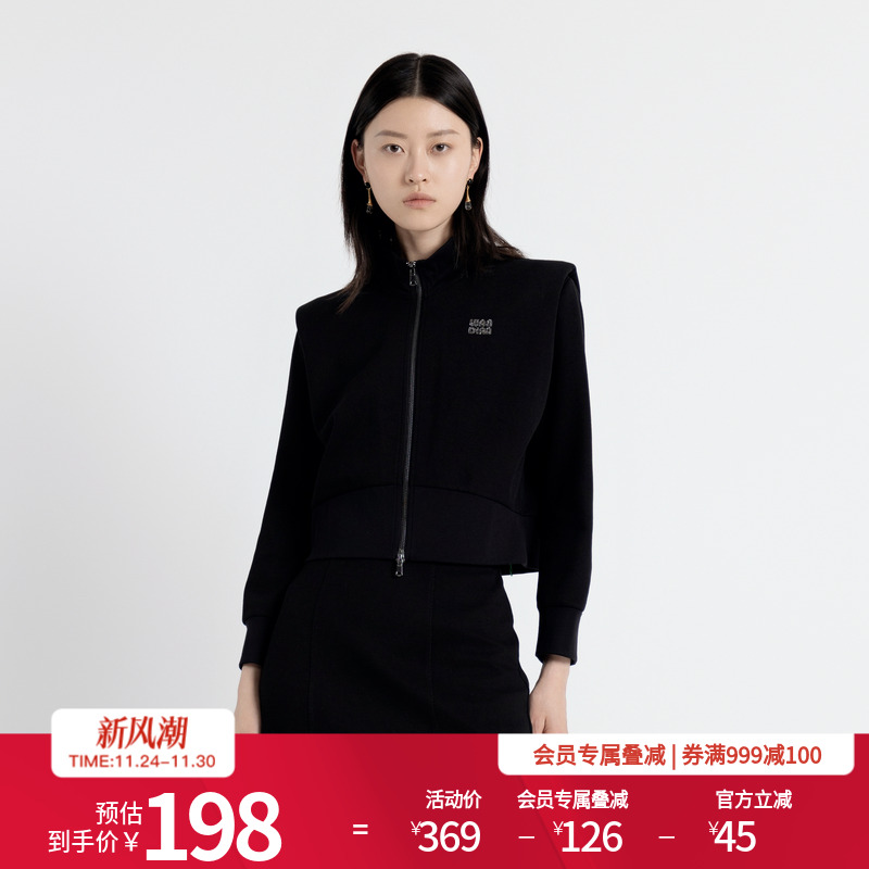 婉甸2025年秋季新品黑色拉链运动风长袖翻领式收腰外套1243O04GL2