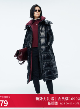 婉甸2025年冬季新品黑色长款连帽女保暖高充绒羽绒服1244D41SX5