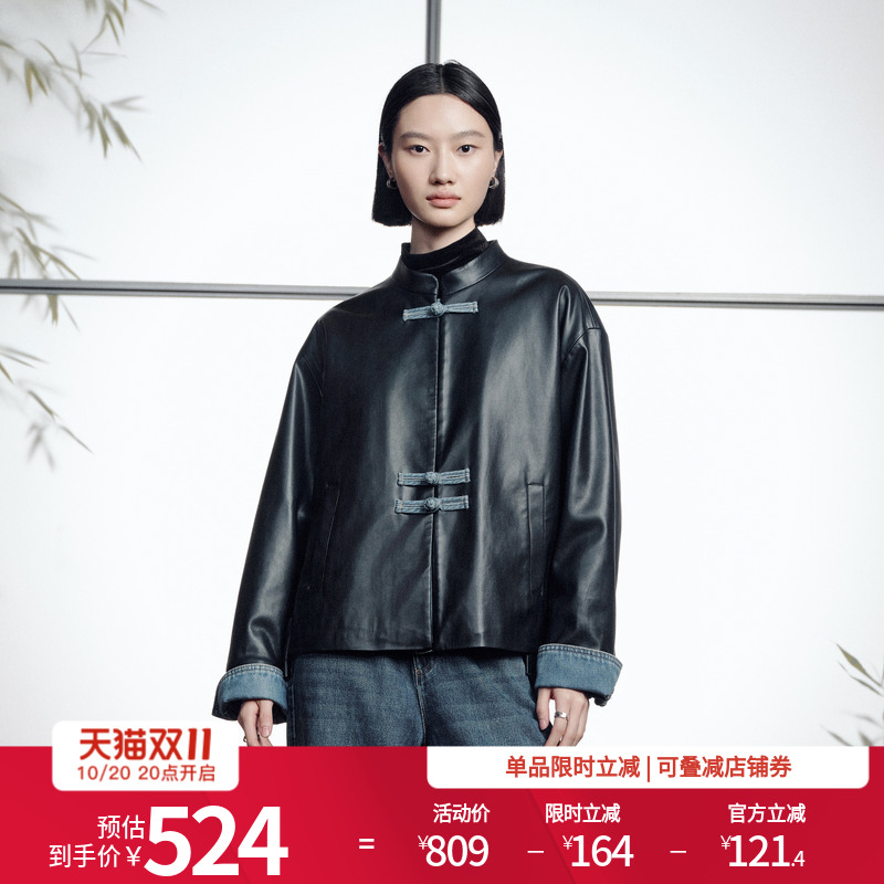 婉甸2025年冬季新品黑色拼接皮衣新中式国风外套1244O01DM2