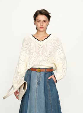 婉甸2025象牙白镂空毛织套头衫甜美风针织衫1241W31RX3